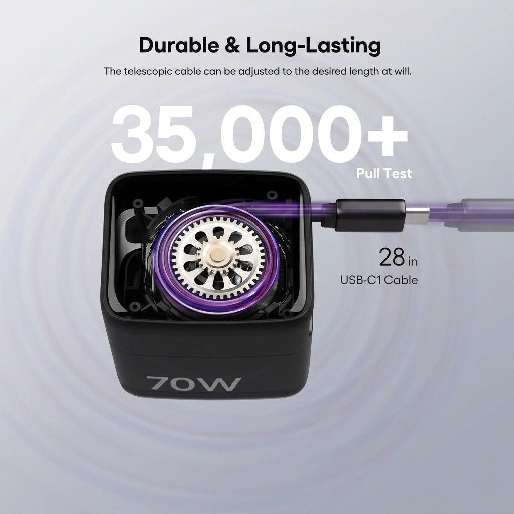Durable and long-lasting 28-inch telescopic USB-C cable from Dreams Setup, tested for over 35,000 pulls for ultimate reliability.