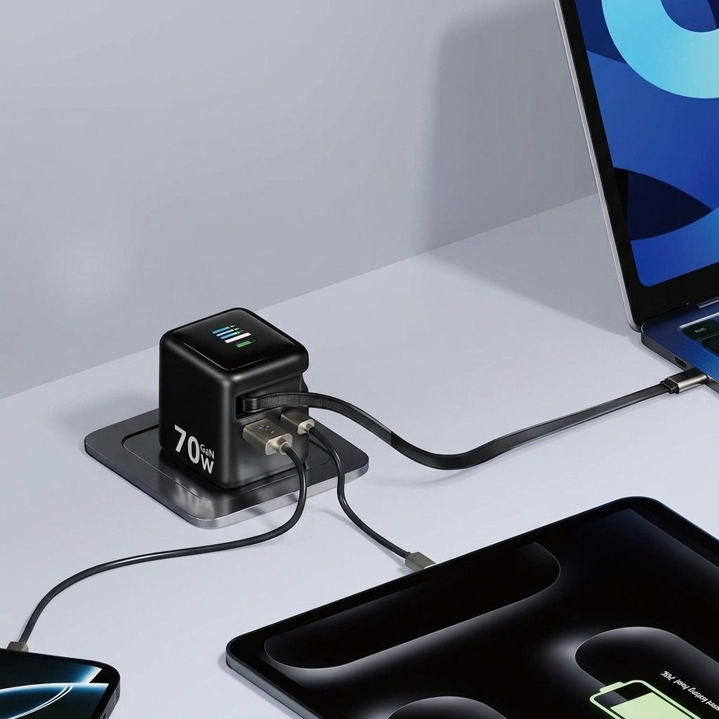 Efficient 70W GaN power adapter from Dreams Setup charging multiple devices on a desk, featuring a compact design and digital display.
