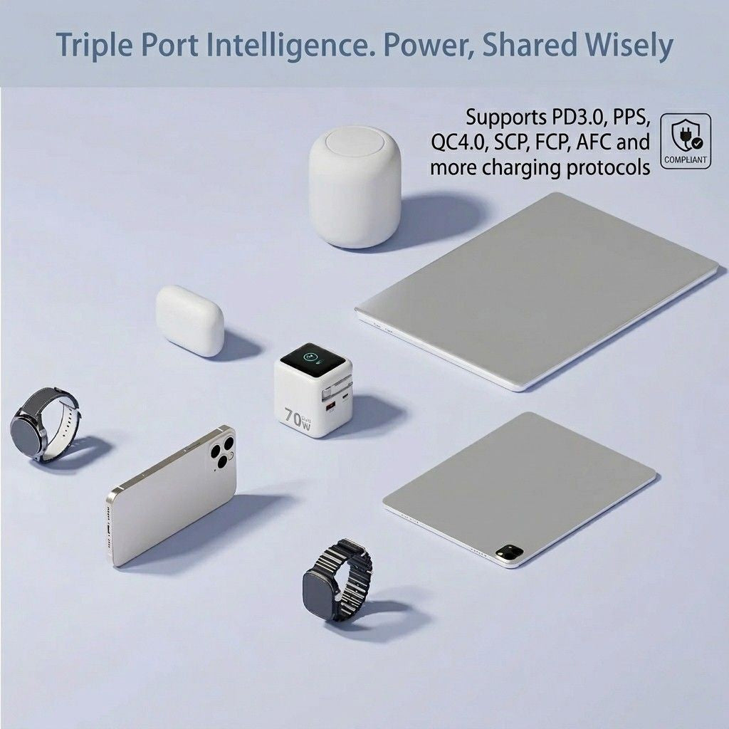 Intelligent 70W GaN charger from Dreams Setup supporting PD3.0, PPS, and QC4.0 protocols for smart power sharing across multiple devices.