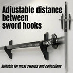 Adjustable wall hooks for swords and collectibles, showing a custom distance setup for secure horizontal or vertical mounting from Dreams Setup.
