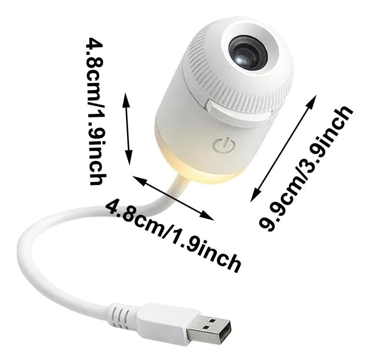 Detailed dimensions of the astronaut galaxy star projector, showing compact white design with USB cable and 9.9cm height.