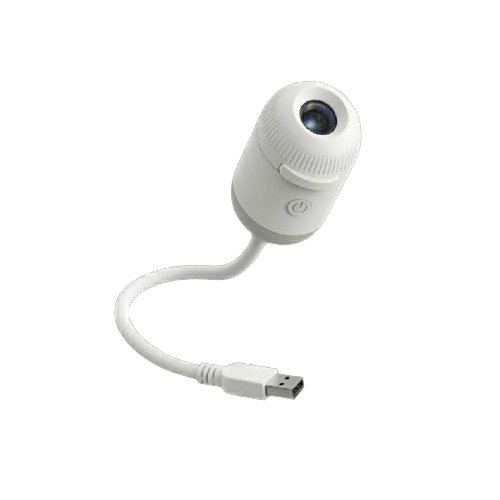 Compact astronaut-themed galaxy star projector with a flexible USB cable, featured on a transparent background for Dreams Setup.