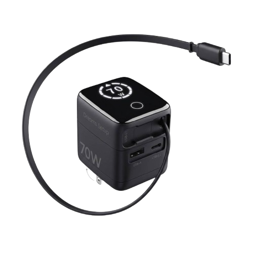 Sleek black 70W GaN fast charger featuring dual USB-C ports and a digital power status display from Dreams Setup.