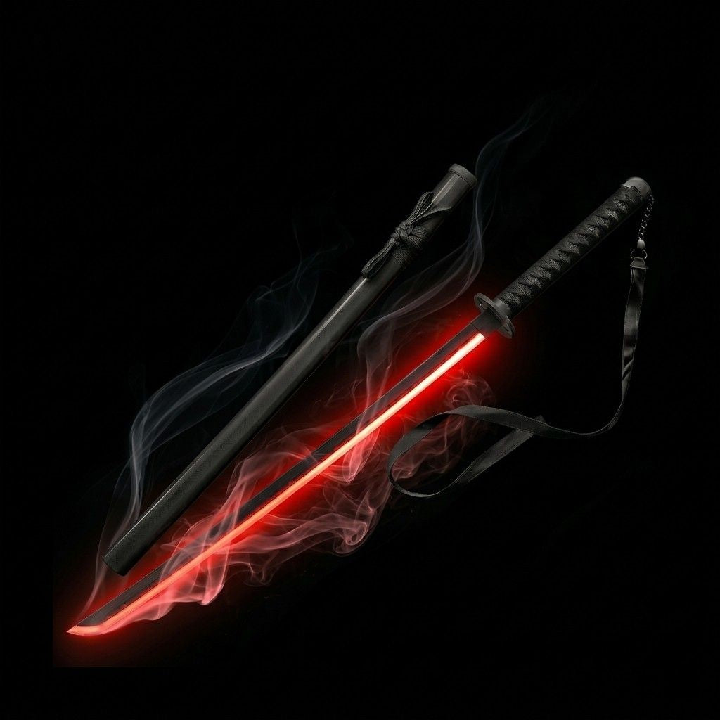 Sleek black Japanese katana featuring a vibrant red LED light effect and smoke ambiance, designed for premium gaming room setups from Dreams Setup.