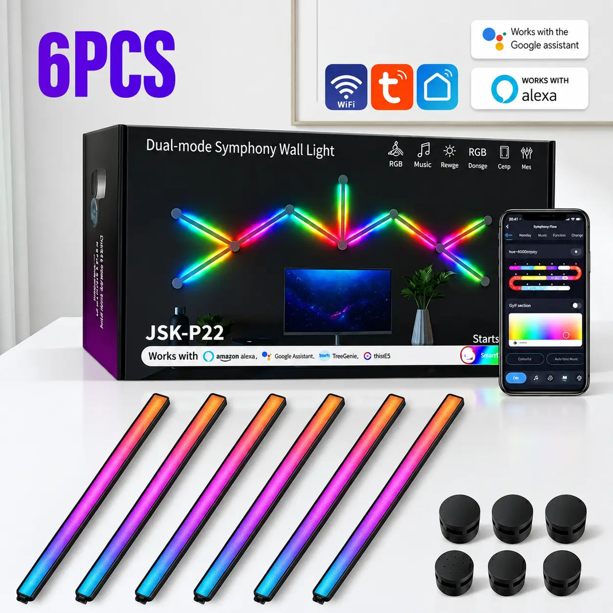 Black 6-piece smart RGBIC wall light lines kit with retail box, mobile app control, and mounting caps, compatible with Alexa and Google Home.