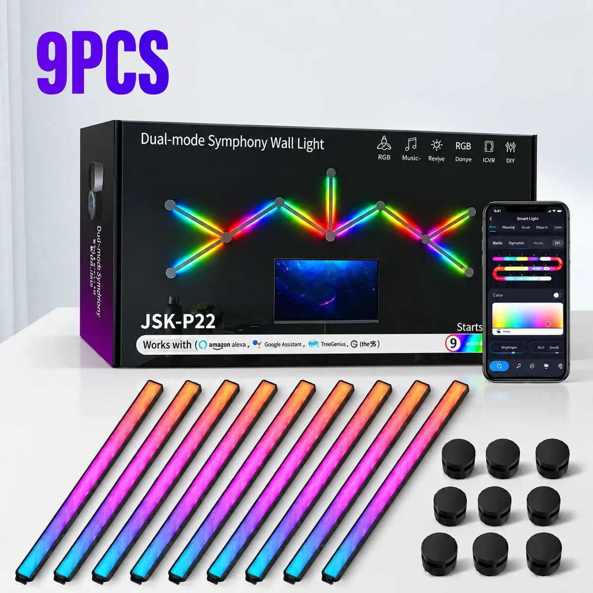 Black 9-piece smart RGBIC wall light lines kit with retail box, mobile app control, and mounting caps, compatible with Alexa and Google Home.