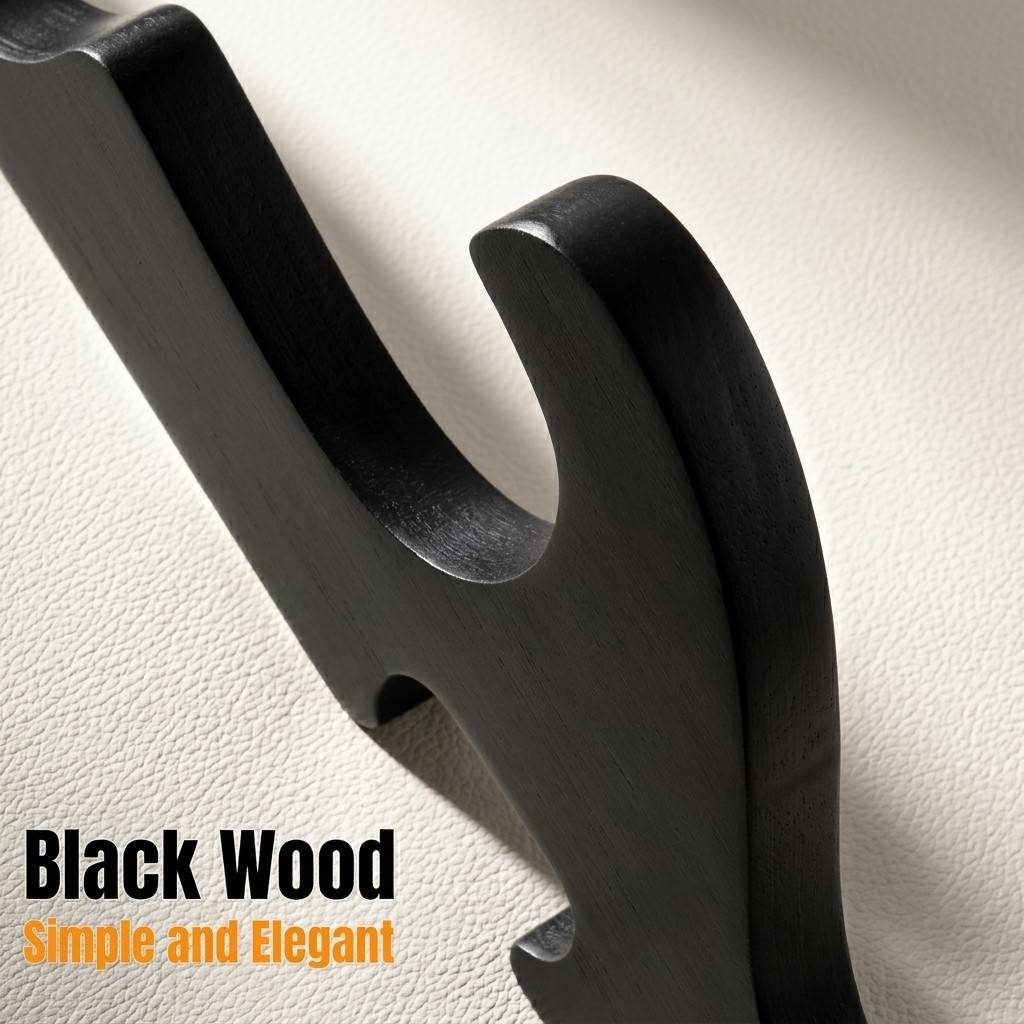 Close-up of a premium black wooden hook for katana display, featuring a sleek finish with "Black Wood Simple and Elegant" text on a textured background.