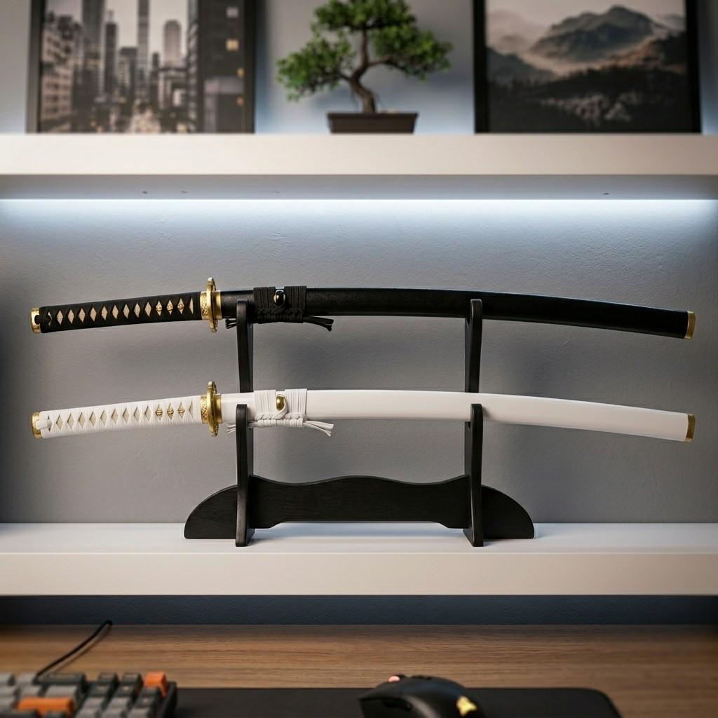 Two katanas, one black and one white, displayed on a black desk stand against a modern setup with a bonsai tree and artwork from Dreams Setup.