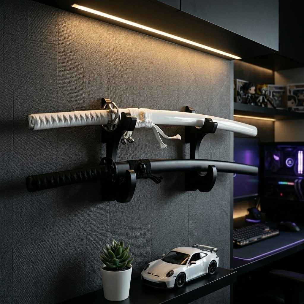 Professional wall-mounted display for two katana swords on a sleek black bracket, enhancing a luxury gaming setup from Dreams Setup.