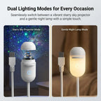 Infographic showing dual lighting modes for every occasion: a vibrant starry sky projector and a gentle night lamp mode, available at Dreams Setup.