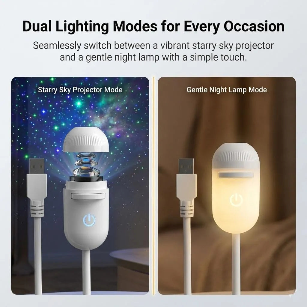 Infographic showing dual lighting modes for every occasion: a vibrant starry sky projector and a gentle night lamp mode, available at Dreams Setup.
