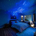 Immersive starry night sky projection on a bedroom ceiling creating a relaxing blue galaxy atmosphere by Dreams Setup.