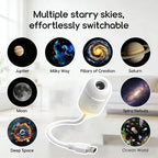 Infographic showing multiple switchable starry sky modes for the galaxy projector, including Jupiter, Milky Way, Pillars of Creation, and Saturn.
