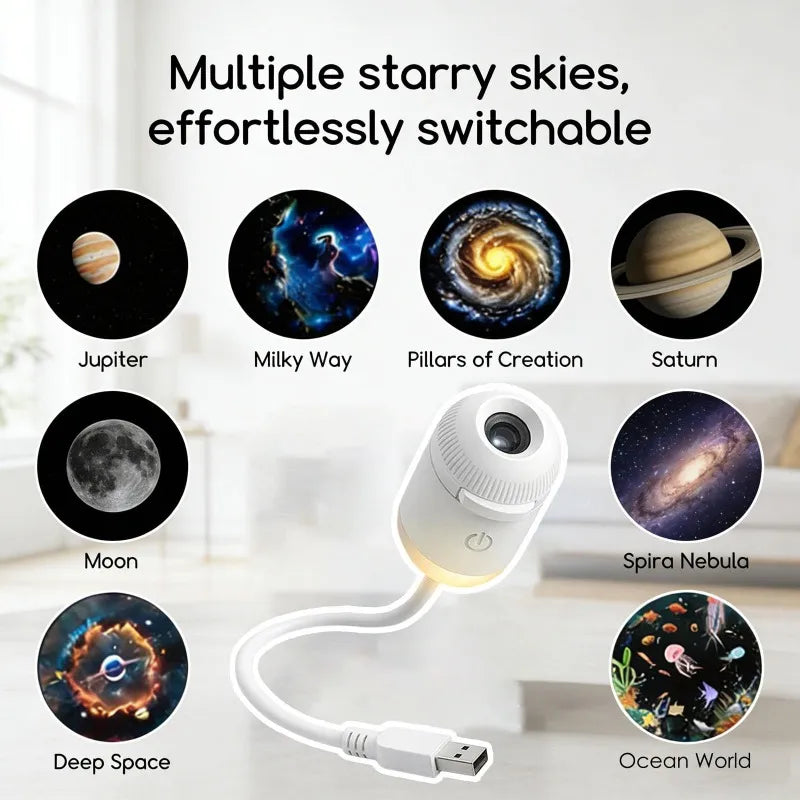 Infographic showing multiple switchable starry sky modes for the galaxy projector, including Jupiter, Milky Way, Pillars of Creation, and Saturn.