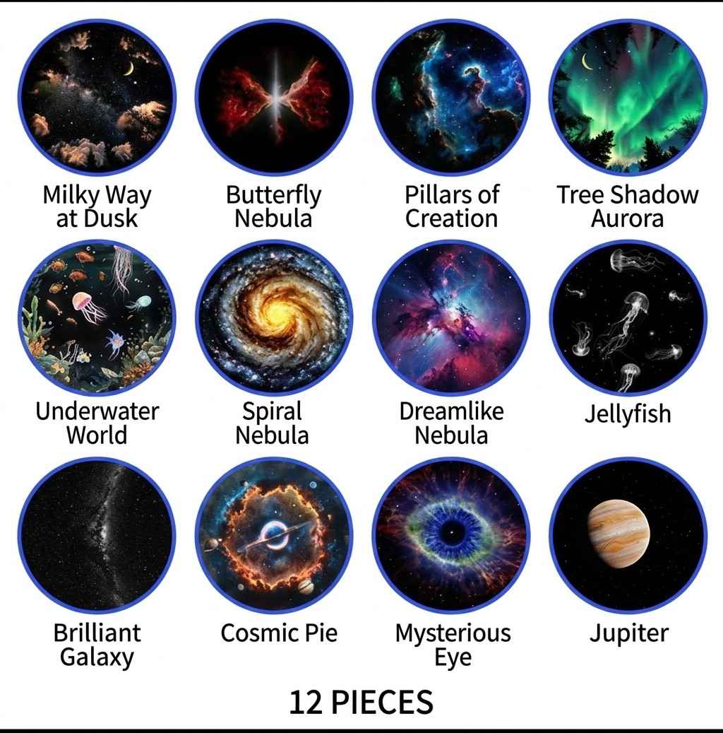A collection of 12 high-quality replacement slides for a galaxy projector, featuring space themes like the Milky Way, nebulas, and planets from Dreams Setup.