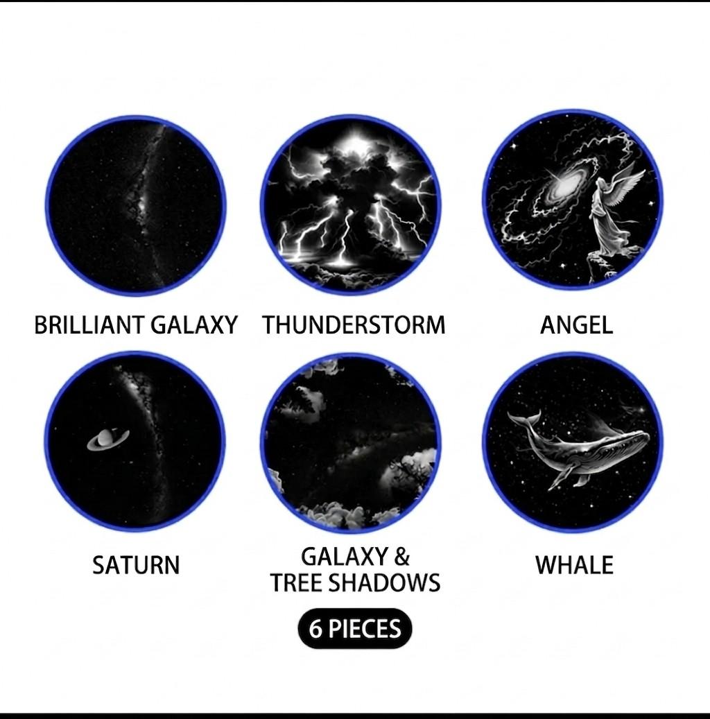 A collection of 6 themed projector slides including Brilliant Galaxy, Thunderstorm, Angel, Saturn, Galaxy & Tree Shadows, and Whale from Dreams Setup.