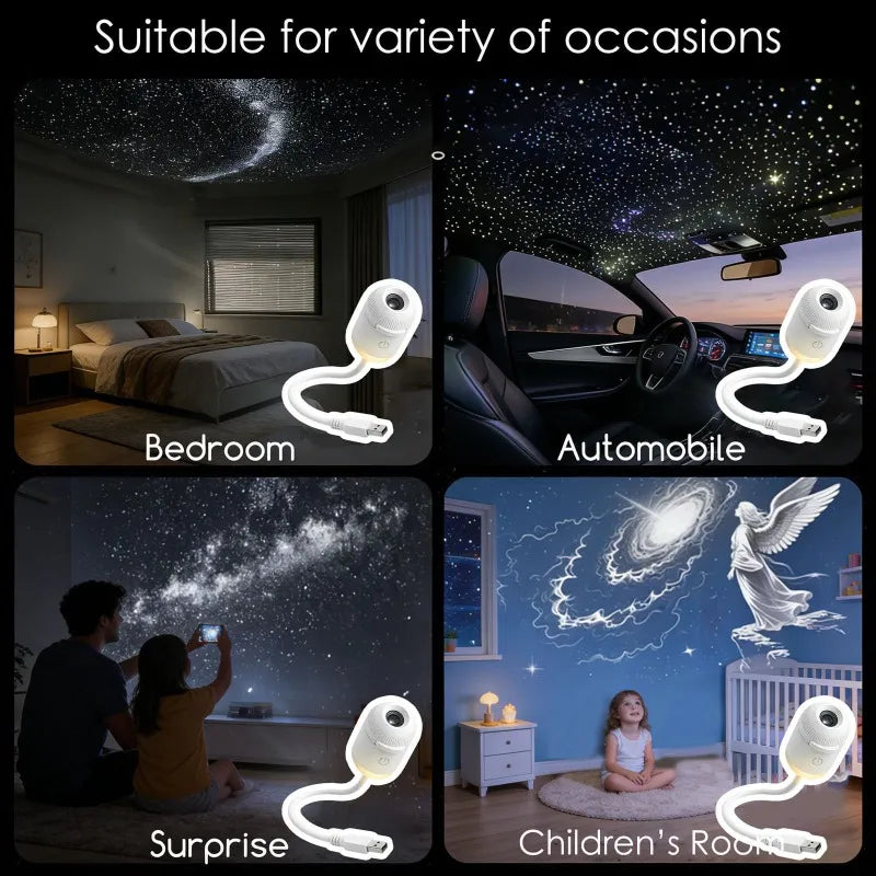 A versatile galaxy star projector showing different usage scenarios in a bedroom, car, and children's room to create a magical atmosphere from Dreams Setup.