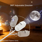 Demonstration of the astronaut galaxy projector's 360-degree adjustable direction and adjustable projector clarity, projecting a realistic moon and nebula on a room wall.