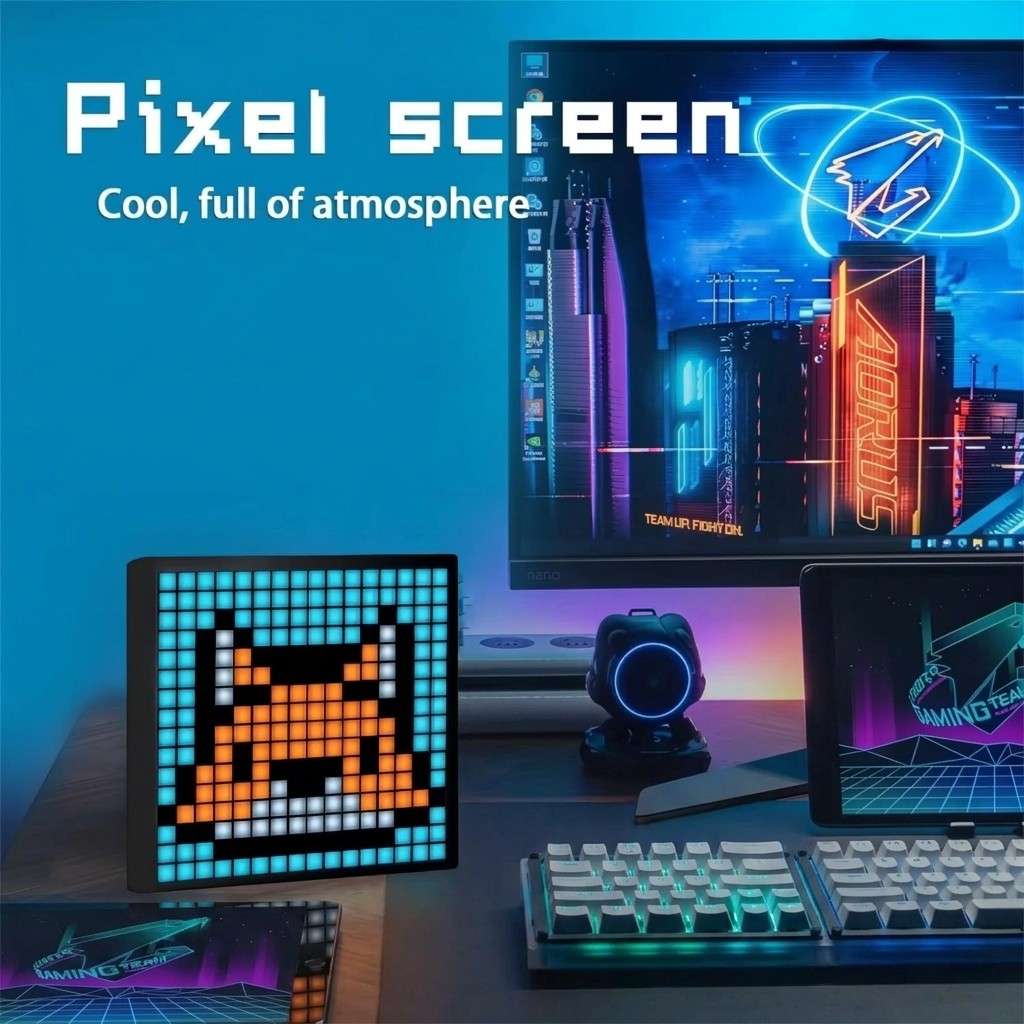 Gaming desk setup with smart pixel art display showing retro pixel art, gaming keyboard, RGB peripherals and futuristic setup from Dreams Setup