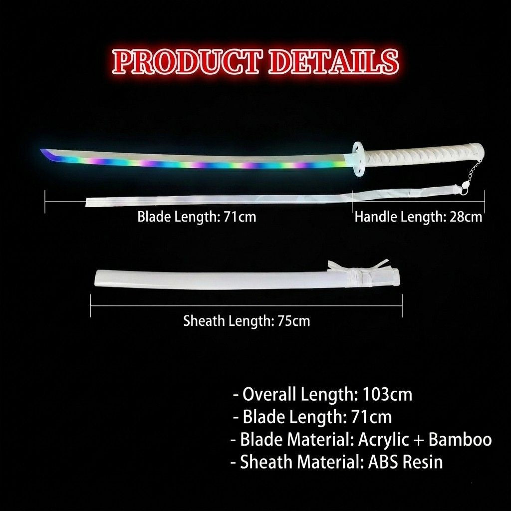 Comparison of Japanese sword sizes including Tanto, Wakizashi, and full-length Katana in white from Dreams Setup.