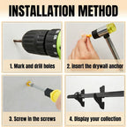 A 4-step visual guide showing how to mark, drill, and screw black wall mounts to display a sword collection from Dreams Setup.