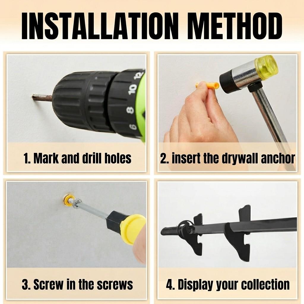 A 4-step visual guide showing how to mark, drill, and screw black wall mounts to display a sword collection from Dreams Setup.