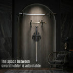 A luxury interior setup featuring adjustable sword holders on a modern slatted wood wall with premium lighting, showcasing a katana and longsword from Dreams Setup.