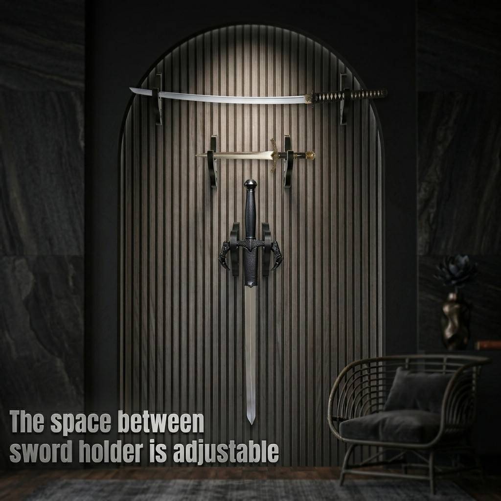 A luxury interior setup featuring adjustable sword holders on a modern slatted wood wall with premium lighting, showcasing a katana and longsword from Dreams Setup.