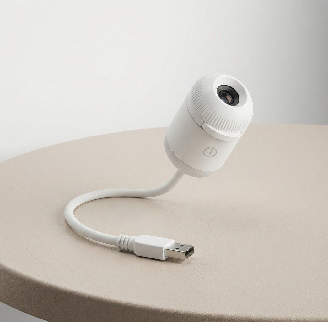A compact and portable white mini galaxy star projector featuring a flexible neck and USB connector from Dreams Setup, resting on a minimalist desk.