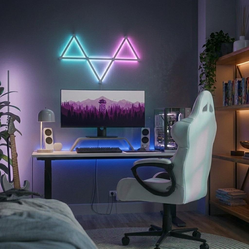Modern gaming room setup featuring vibrant triangular neon wall lights and a professional desk arrangement by Dreams Setup.