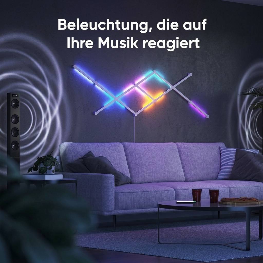 Smart RGB wall lighting that reacts to music, creating an immersive atmosphere in a modern living room by Dreams Setup.