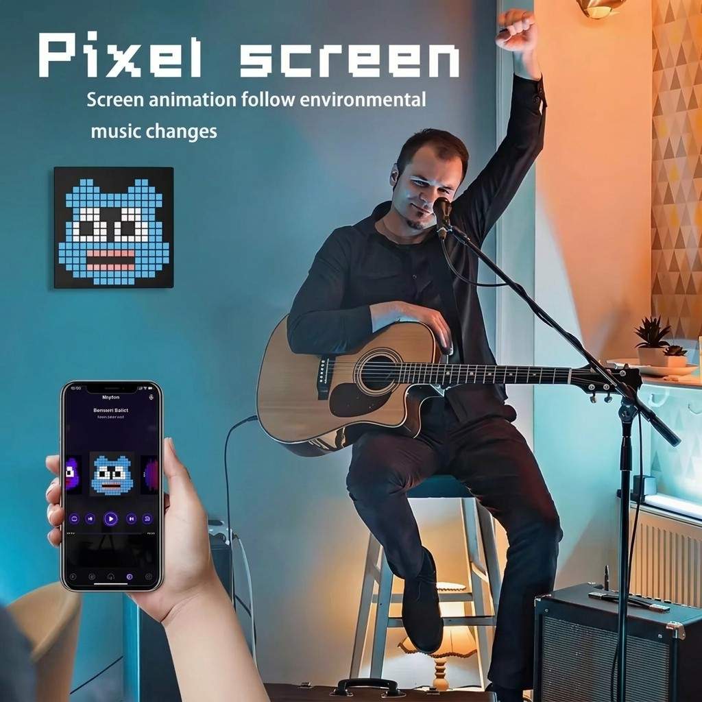 Smart pixel art display with music sync animation, smartphone app control showing emoji and reactive effects for music and streaming from Dreams Setup