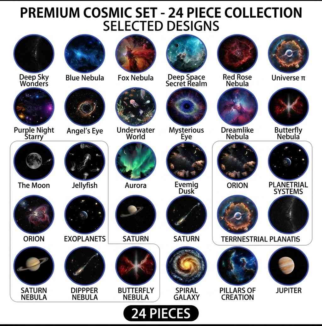 A premium collection of 24 unique cosmic slide designs for a galaxy projector, featuring various nebulas, planets, and celestial wonders from Dreams Setup.
