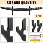 Technical infographic showing the precise size, 6-inch height, and 4-piece quantity of premium black katana wall mounts from Dreams Setup.