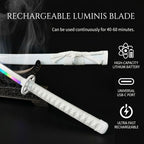 High-quality rechargeable RGB light knife with a white handle and USB charging cable from Dreams Setup.