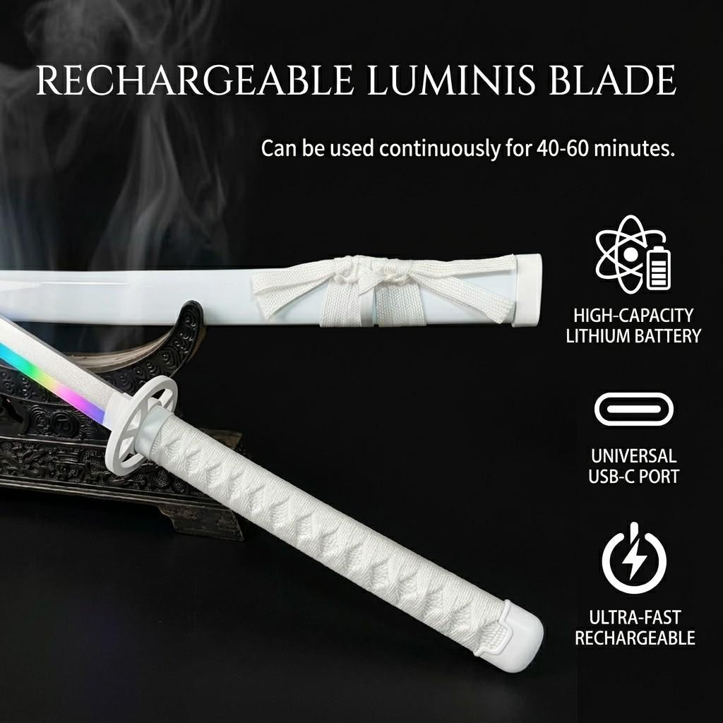High-quality rechargeable RGB light knife with a white handle and USB charging cable from Dreams Setup.