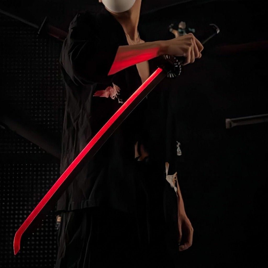 A glowing red led katana sword being held by a person in a dark aesthetic setting, perfect for room decoration from Dreams Setup.