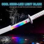 White Japanese katana with a cool neon-like RGB light blade and smoke effect, featuring long battery life and color-changing capability from Dreams Setup.