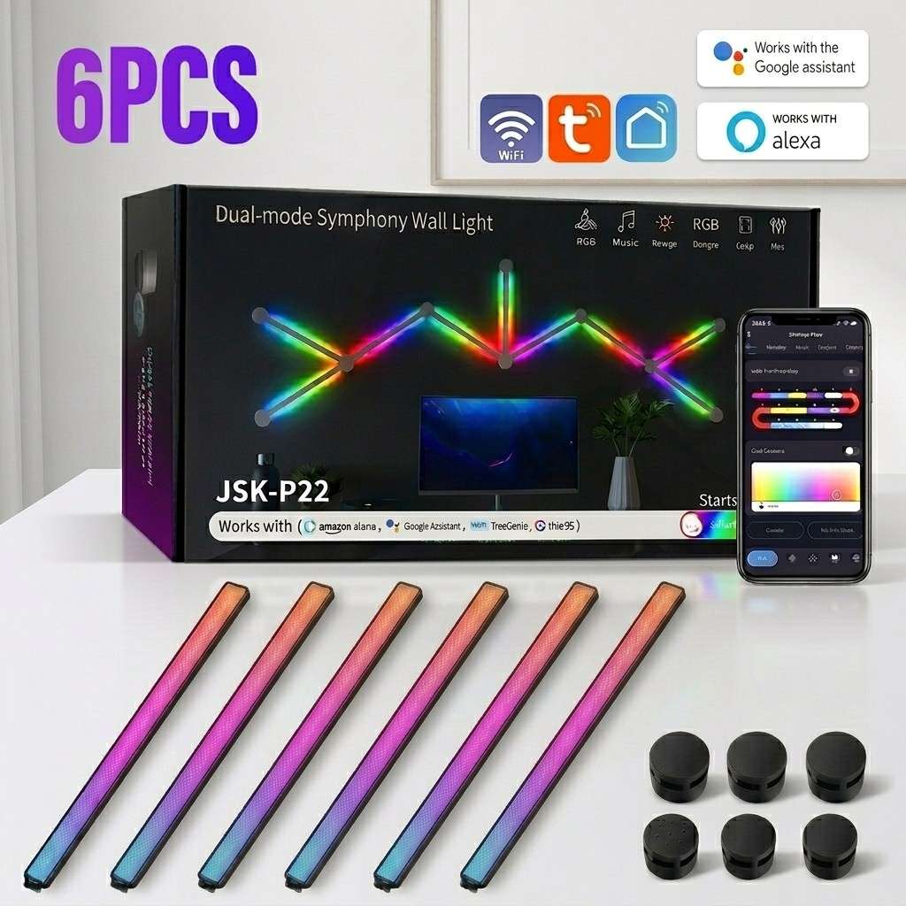 6-piece Smart Symphony Wall Light kit with a sleek black design and customizable RGB lighting, controlled via app for a premium setup by Dreams Setup.