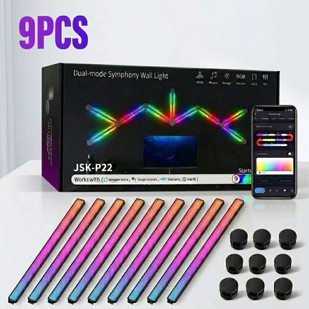 9-piece Smart Symphony Wall Light kit with sleek black housing and vibrant RGB effects, perfect for modern gaming setups from Dreams Setup.