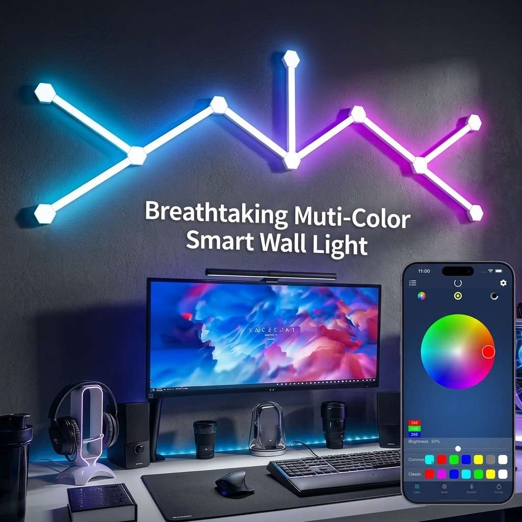 Breathtaking multi-color smart wall light with smartphone app control, creating a vibrant atmosphere for any gaming setup by Dreams Setup.