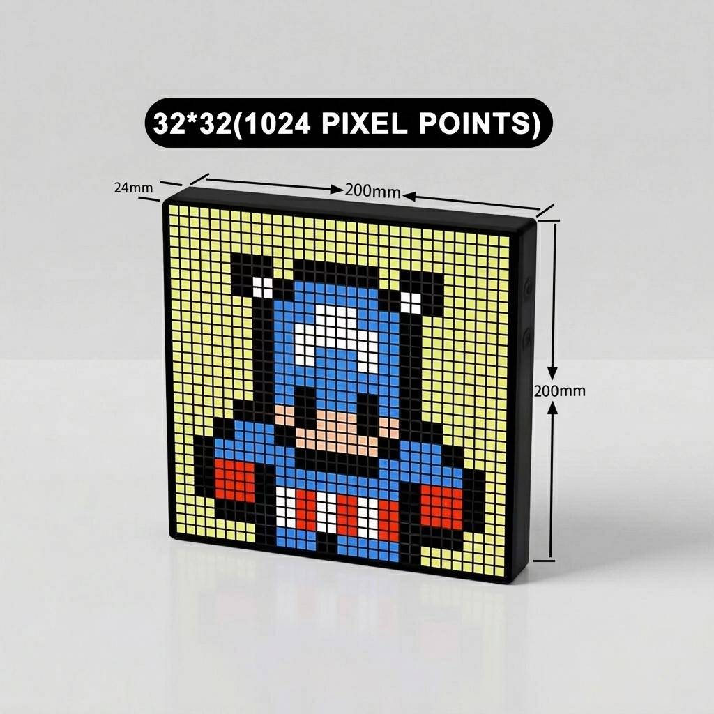 Smart LED pixel art display showing 32x32 grid resolution and product dimensions for custom ambient desk setup from Dreams Setup