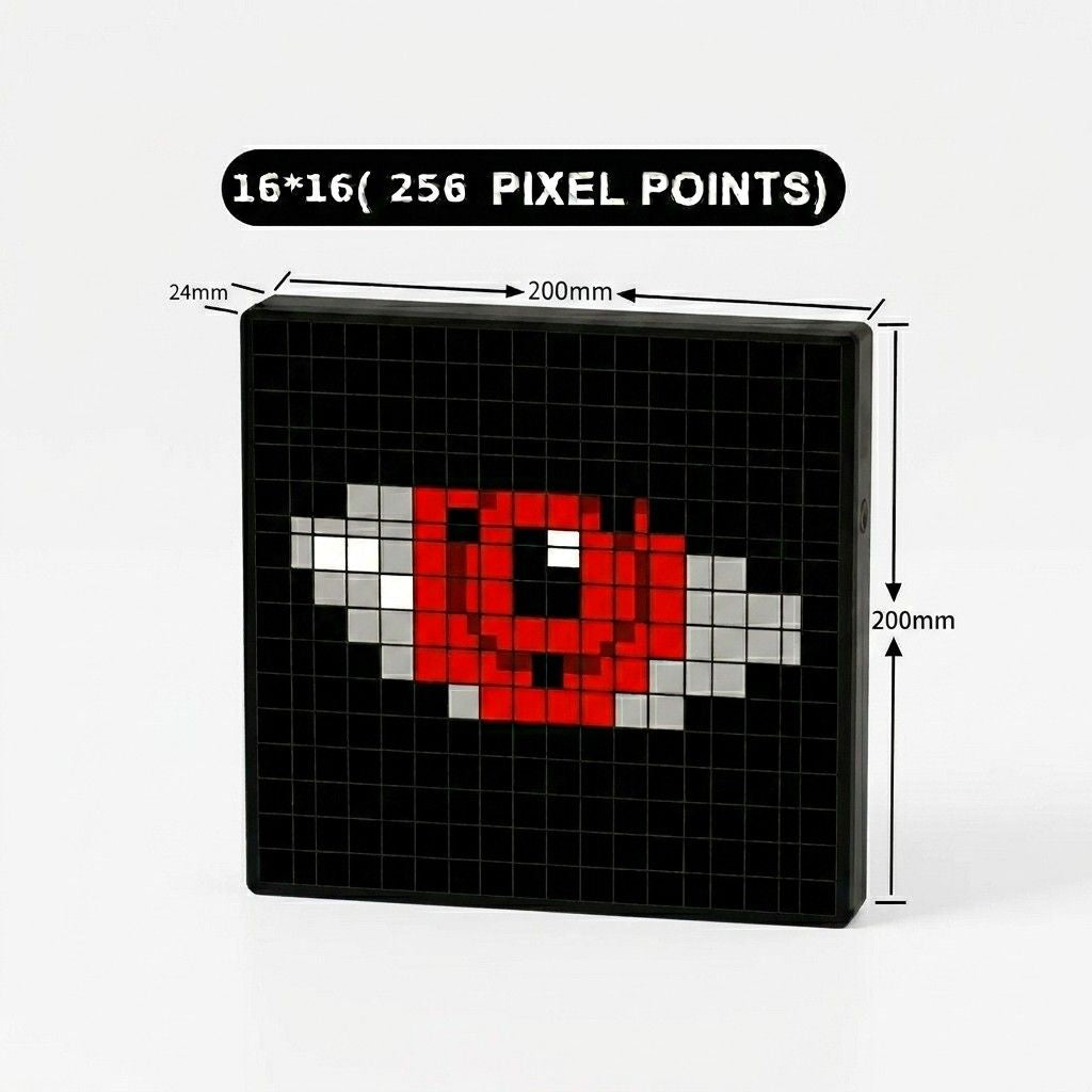 Smart LED pixel art display featuring 16x16 grid specifications and dimensions for custom desk gaming setup by Dreams Setup