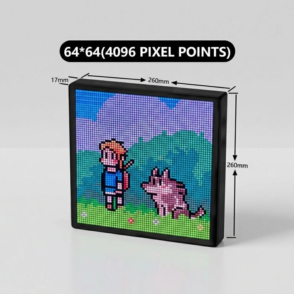 Smart LED pixel art display highlighting 64x64 high resolution grid specifications and physical size measurements from Dreams Setup