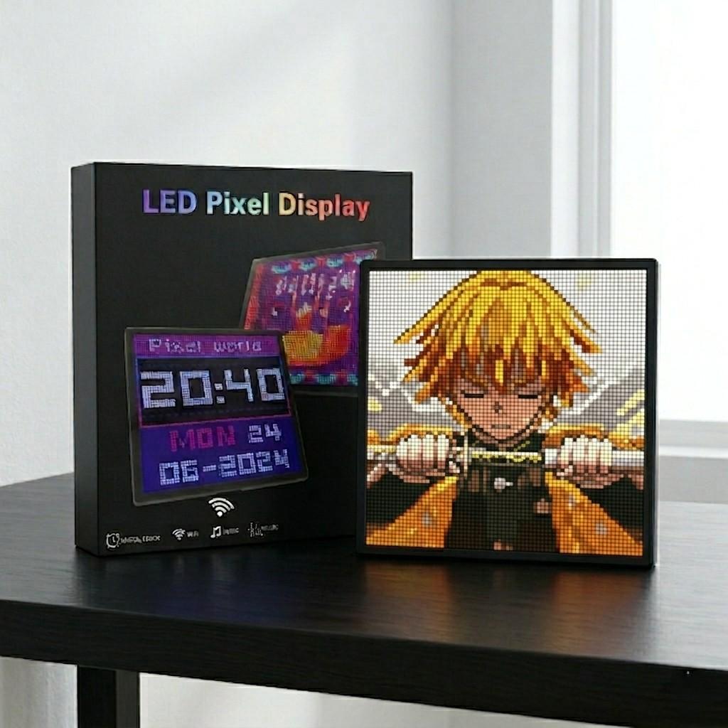 Smart LED pixel art display showing anime character art and digital clock with programmable RGB colors, gaming room decoration from Dreams Setup