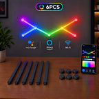A 6-piece RGB neon light bar kit displayed on a wooden table with its components, including six long bars, six small round controllers, and a smartphone showing the companion app. The bars are shown illuminated on a dark wall, forming a rainbow color sequence, with compatibility logos for Google Home, Alexa, and Wi-Fi visible.