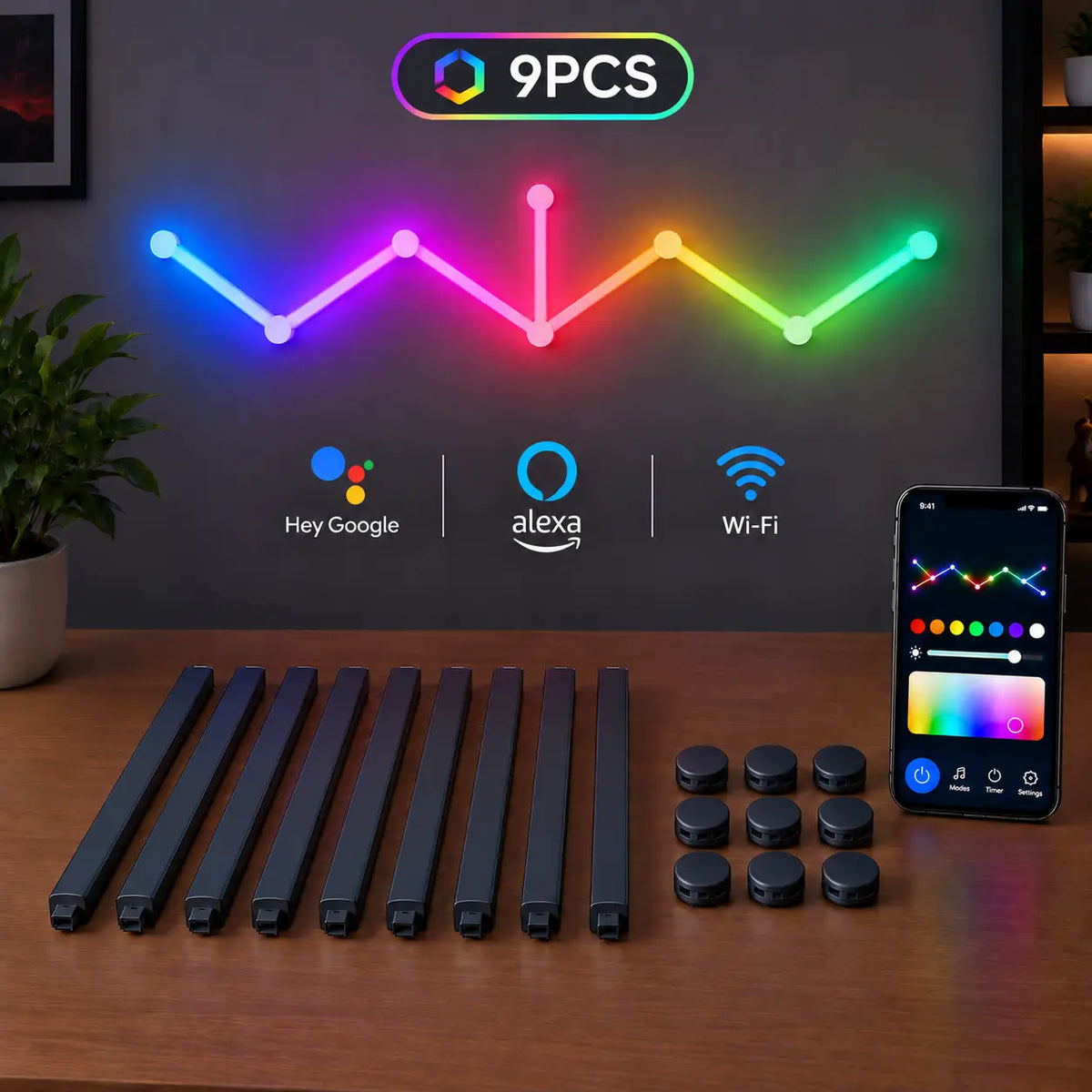 Black smart RGB LED wall light bars, 9-piece set, shown with multicolor wall lighting and smartphone app control.
