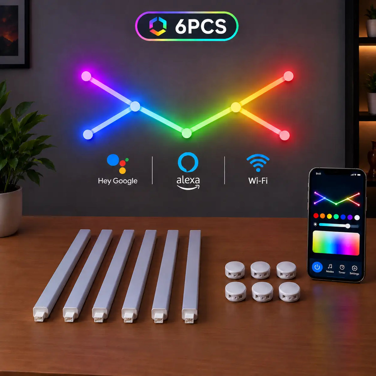 White smart RGB LED wall light bars, 6-piece set, shown with multicolor wall lighting and smartphone app control.