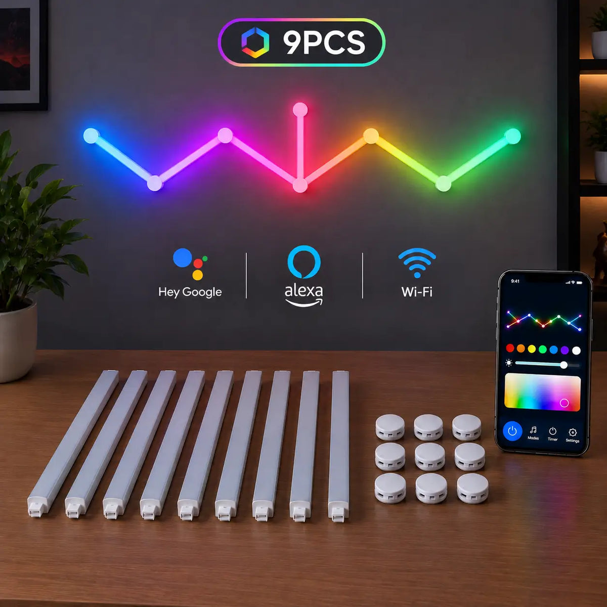White smart RGB LED wall light bars, 9-piece set, shown with multicolor wall lighting and smartphone app control.