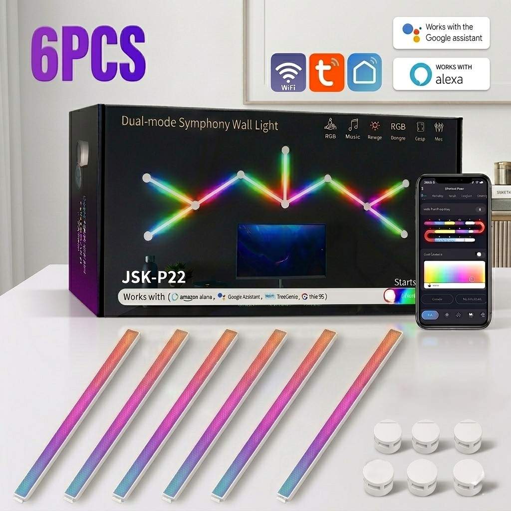 6-piece Smart Symphony Wall Light kit with a sleek white design and customizable RGB lighting, controlled via app for a premium setup by Dreams Setup.